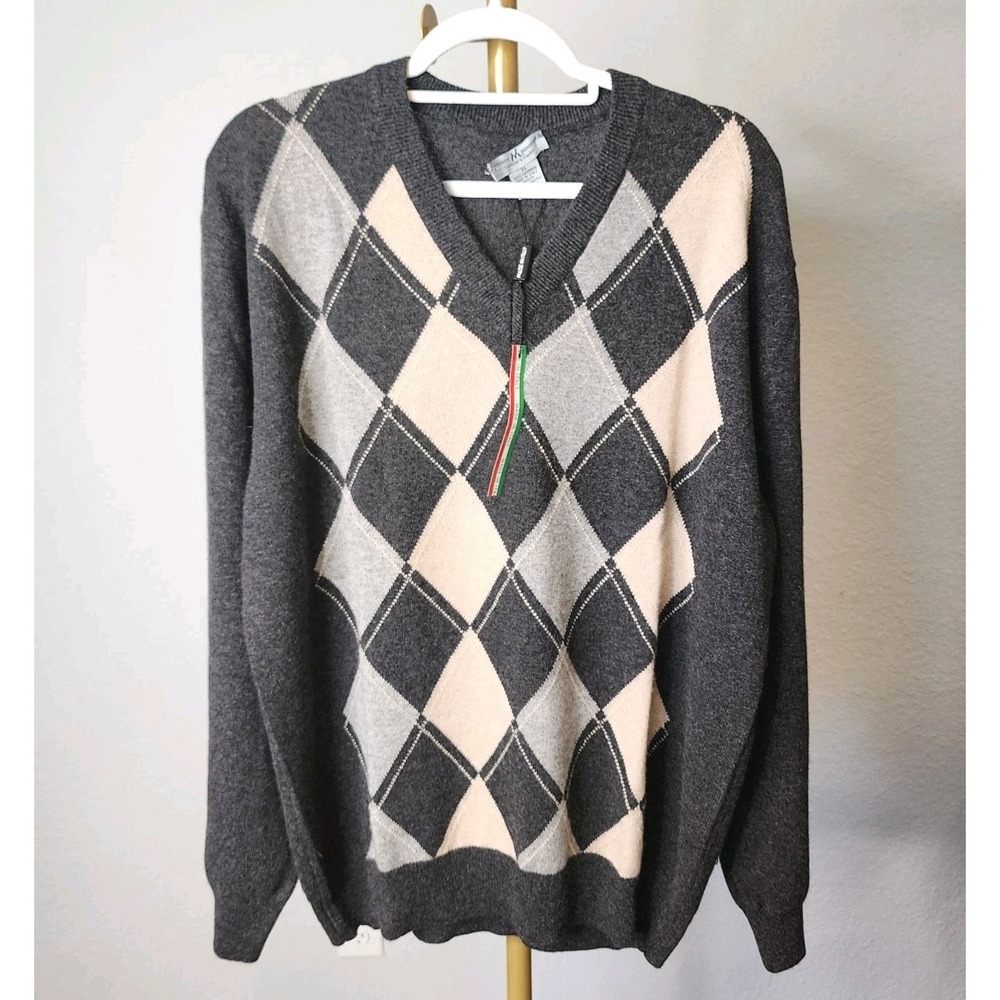Members Mark Mens Pullover‎ Sweater XL Cashmere Gray Tan Argyle Classic Y2K NWT